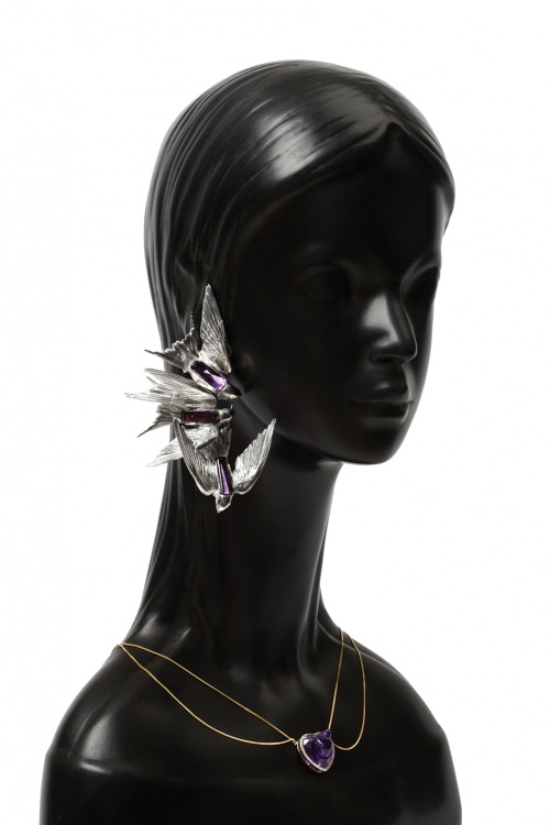 Swallows brooch and hand-carved amethyst Swallow necklace